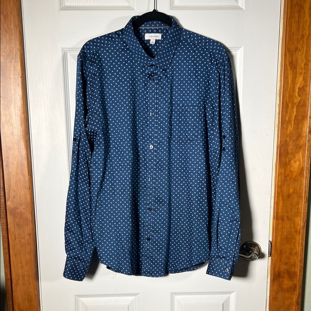 Calvin Klein Navy Blue Polka Dot Button-Down Shirt